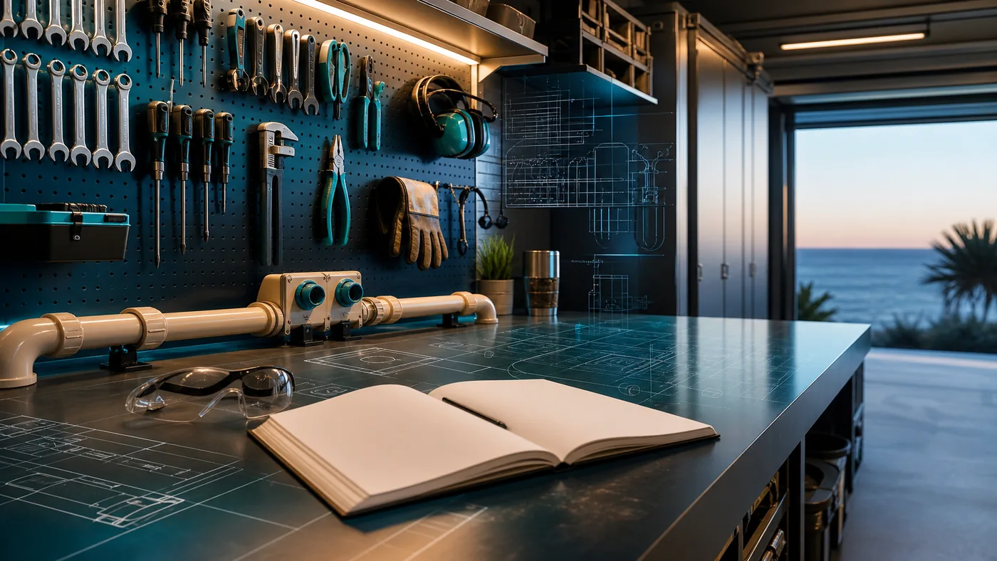 Organized DIY utility workbench with water pipe mockup, notebook, and safety glasses