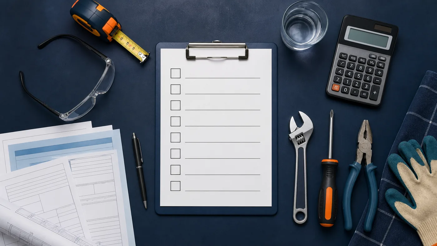 DIY buyer checklist with safety glasses, calculator, tape measure and blank planning papers