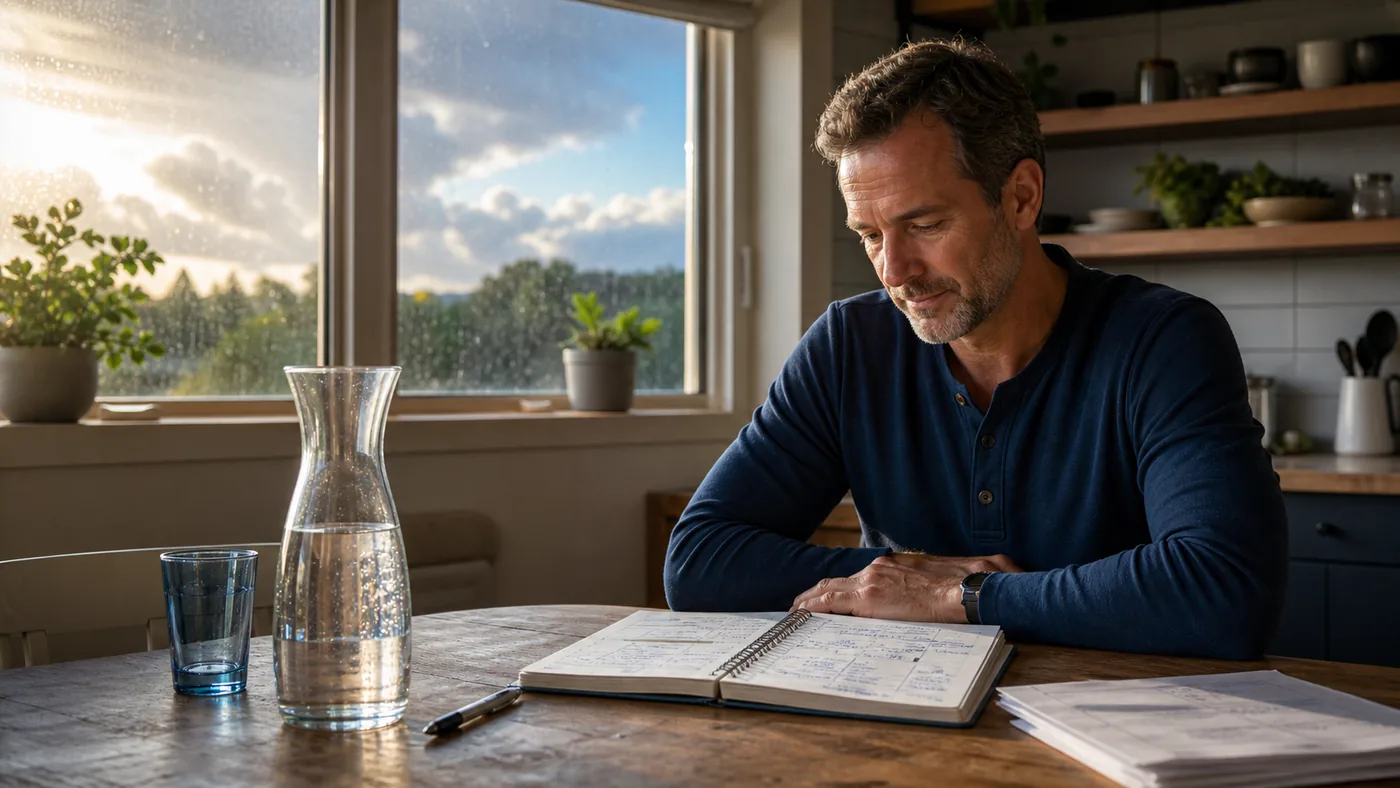 Homeowner calmly reviewing a completed project-planning notebook at a kitchen table