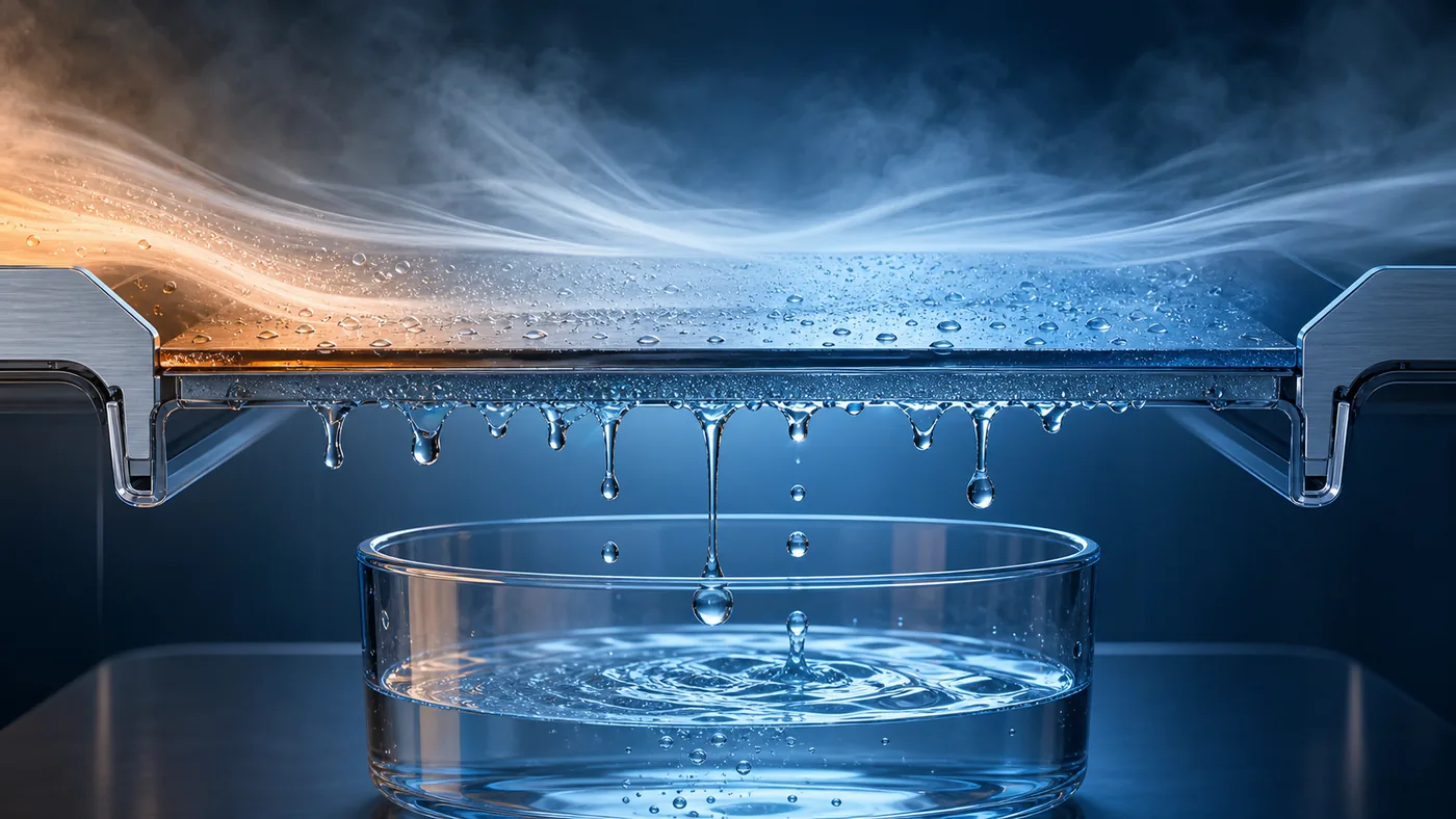 Editorial cutaway showing humid air cooling into water droplets and collecting in a vessel