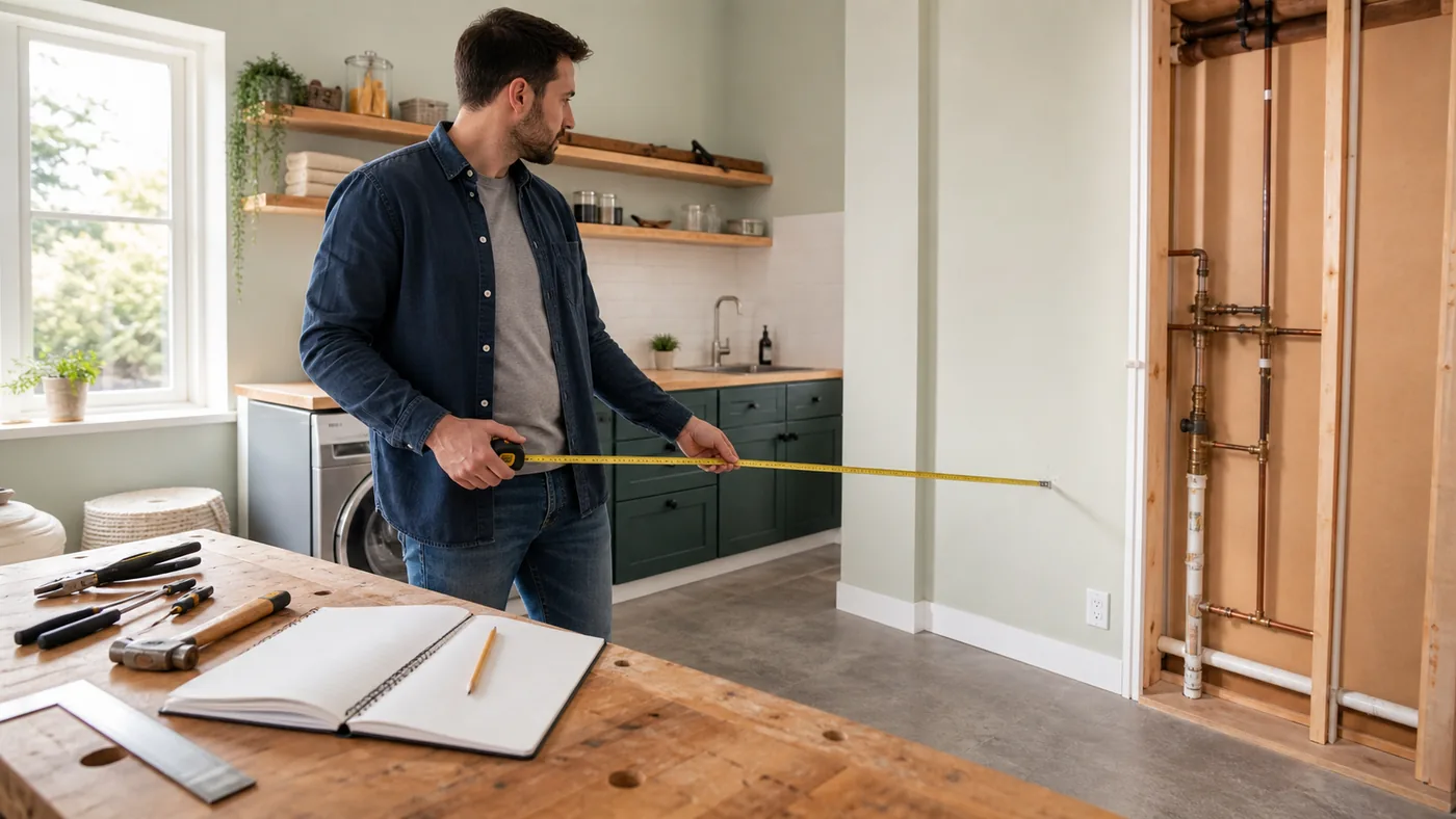 Homeowner measuring a utility workspace with notebook and safety equipment nearby